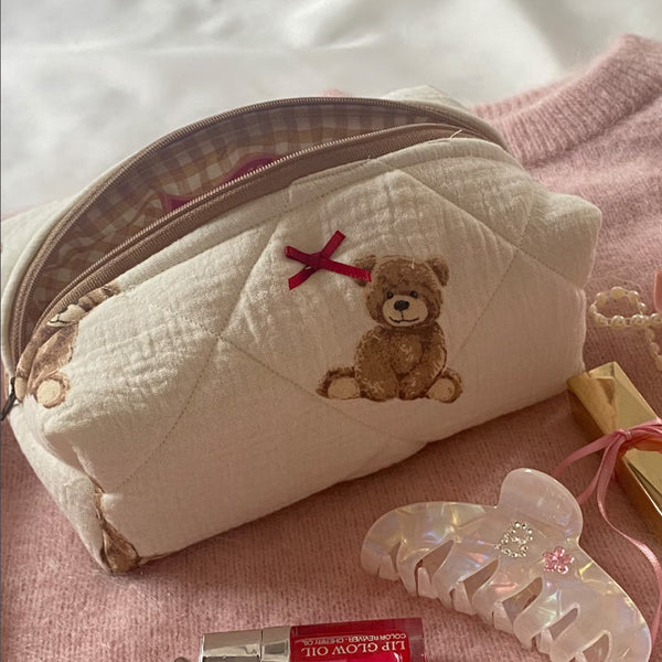 Cute Teddy Bear Makeup Bag, Portable Makeup and Skincare Storage Bag, Large Capacity Cartoon Printed Toilet Bag
