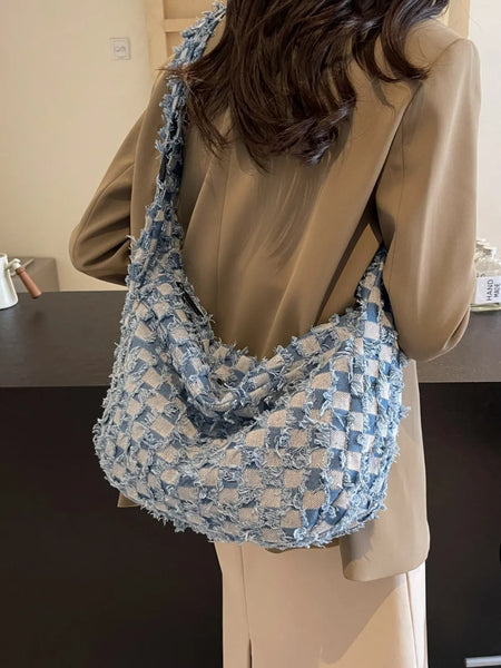 Checkered Raw Edge Denim Shoulder Bag