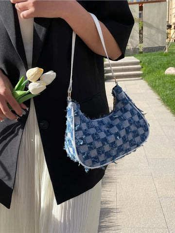Checkered Raw Hem Shoulder Bag